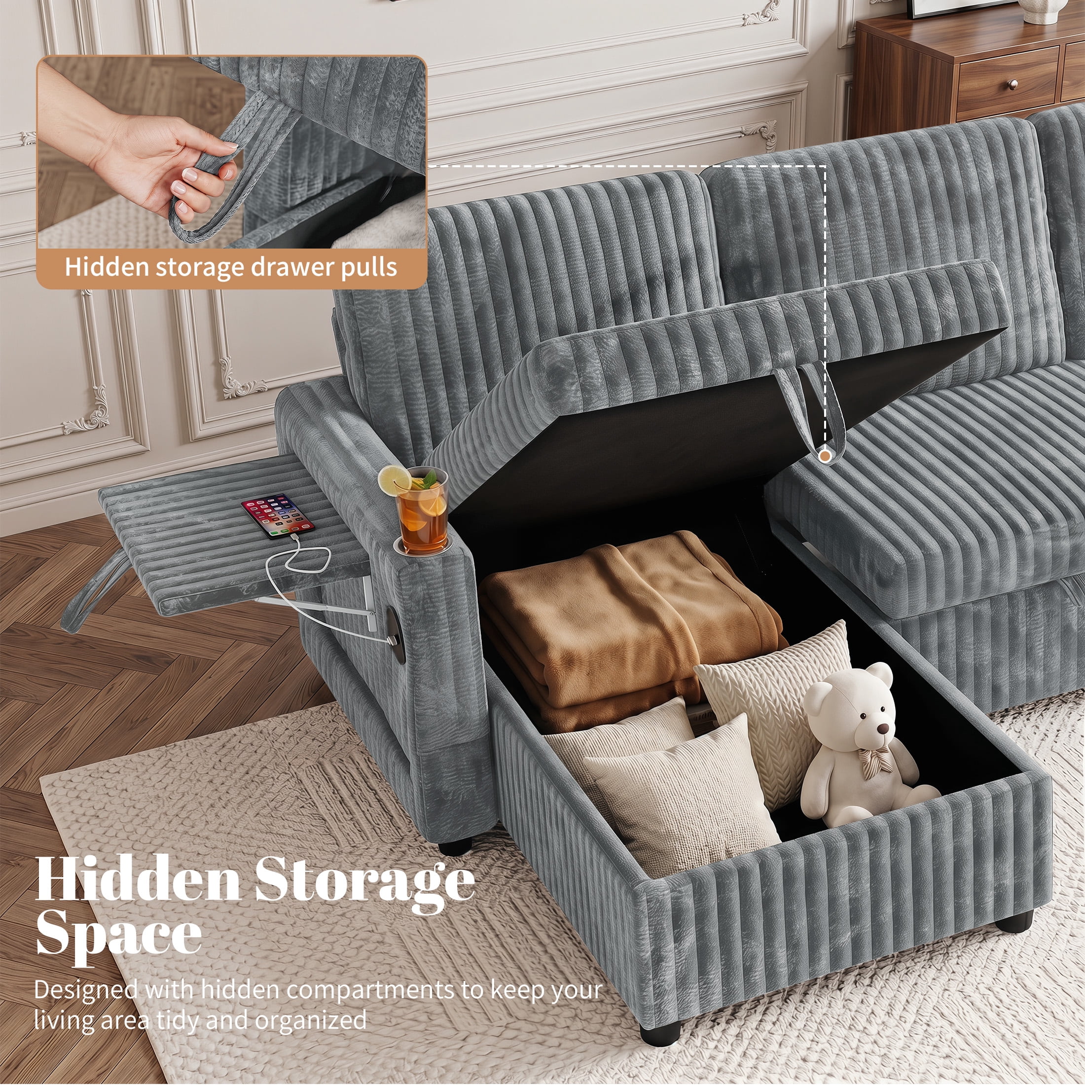 Aenkyo 110" U-Shaped Sleeper Sofa with Pull Out Bed, Storage Chaises and USB, Light Gray