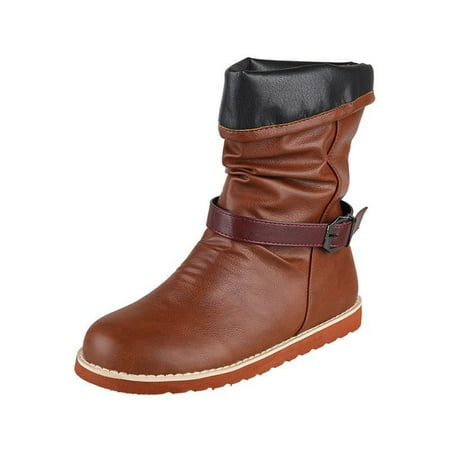 

KBKYBUYZ Women s Shoes Stylish Round Toe Mid-heel High Barrel Knight Buckle Retro Long Women Boots