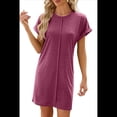 thumbnail image 3 of Vestido Camisero de Verano para Mujer, Informal, con Mangas , Cuello Redondo, Holgado, Minivestido Vino Tinto M, 3 of 10