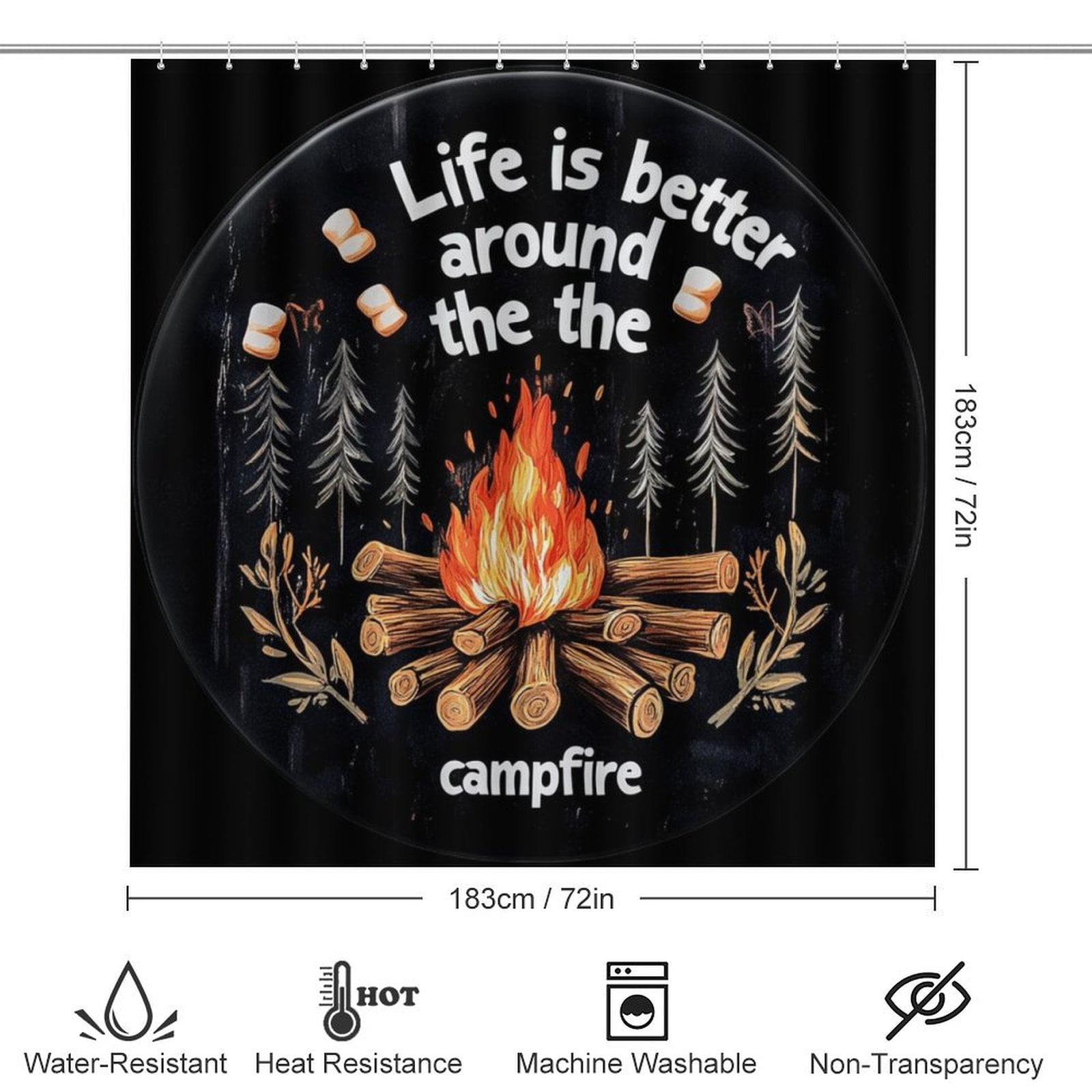 Shower Curtain Sets with Rugs 4 Piece with Rugs Include Waterproof Shower Curtain Non-Slip Rug Toilet Lid Cover Bath Mat Life Is Better Around The Campfire Durable and Waterproof Happy Camper