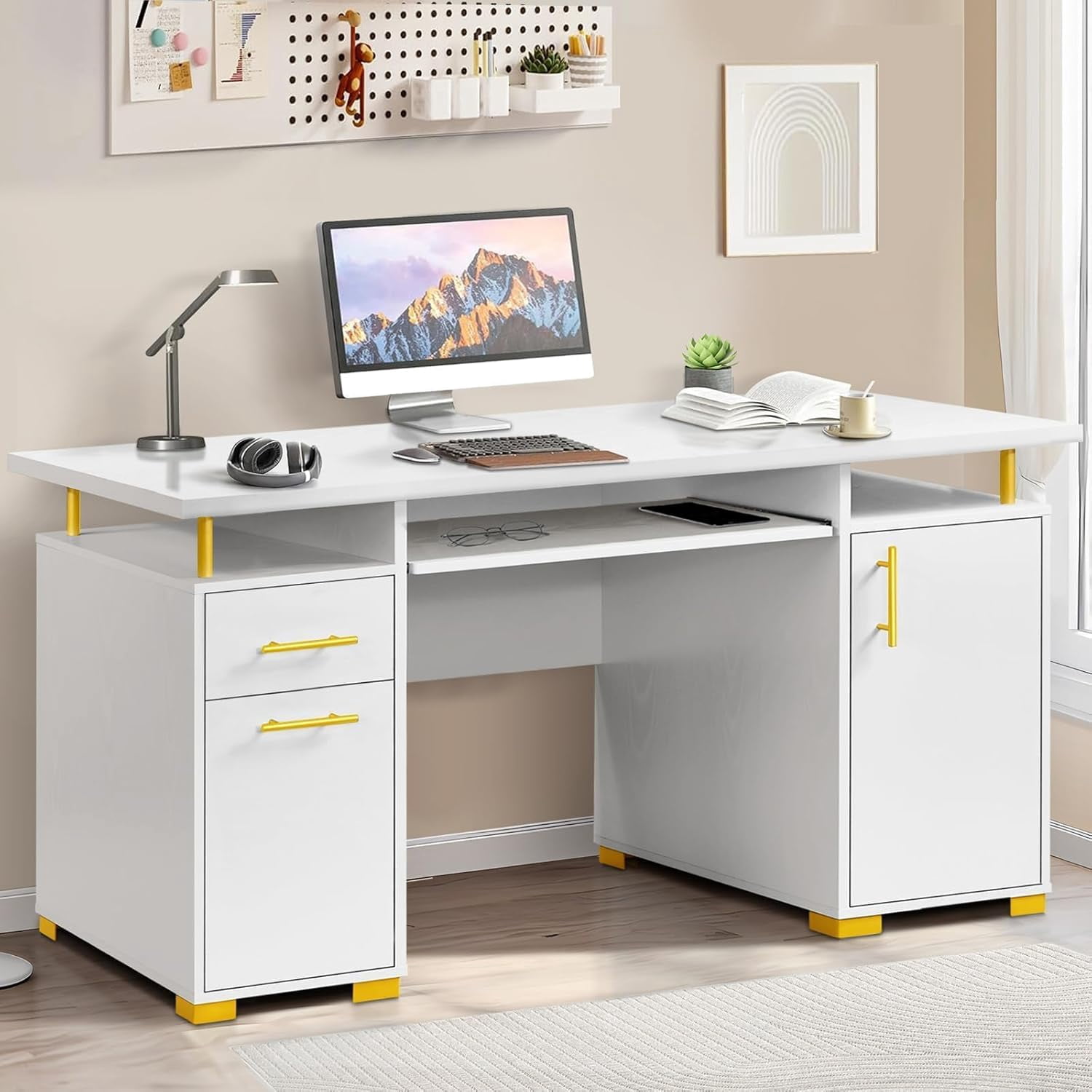 DreamCurship White and Gold Desk with Drawers,White Computer Desk with File Drawer, 55"Executive Desk with Keyboard Tray, Storage Cabinet, White and Gold