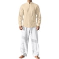 thumbnail image 2 of Ceisia Men's Loose Fit Cotton-Linen Like 2-Piece Set Stand-Up Collar Henley Long Sleeve Shirt with Elastic Waist Wide Leg Pants Gifts, 2 of 6