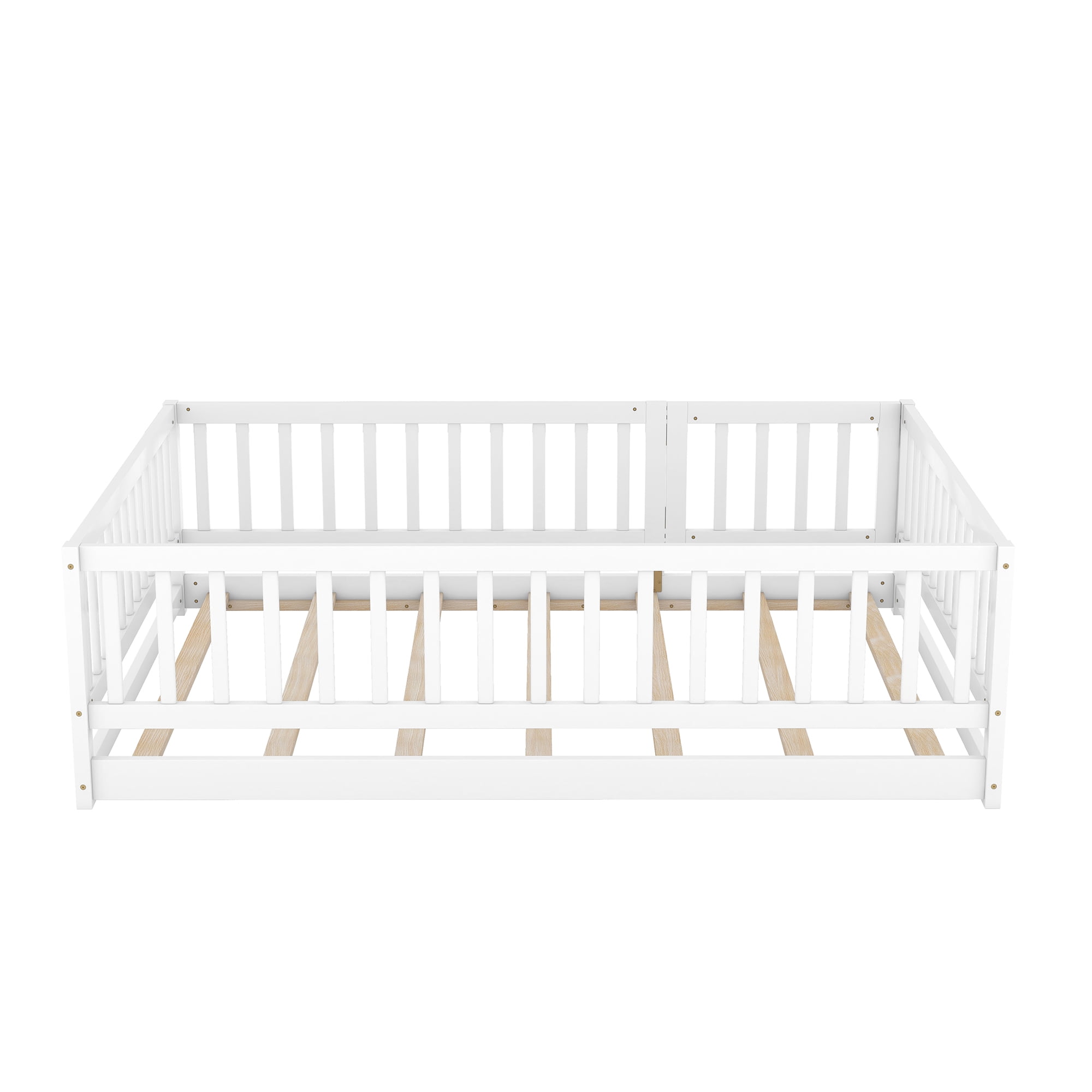 Full Size Montessori Floor Bed with Fence and Door, Solid Wood Kids Bed and Toddler Playhouse Bed with Slats, White