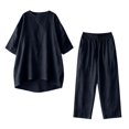 thumbnail image 5 of Outfmvch summer linen sets for women Casual Tracksuit Roll Sleeve Women's Lounge Sets Pants and Shirt Set for Women 2 Piece Sleepwear Linen 2 Piece Set for Women Lightweight Lounge Set Black L, 5 of 7