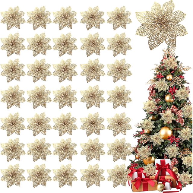 Paquete de 36 adornos de flores navideñas, adornos para árbol de Navidad con purpurina y flores de Pascua, púas de flores artificiales de seda de 4 pulgadas para guirnaldas navideñas
