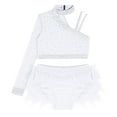 thumbnail image 2 of Lejafay Girls Glittery Rhinestones Dance Outfits One Shoulder Mock Neck Crop Top with Feather Briefs Dancewear White 6, 2 of 6