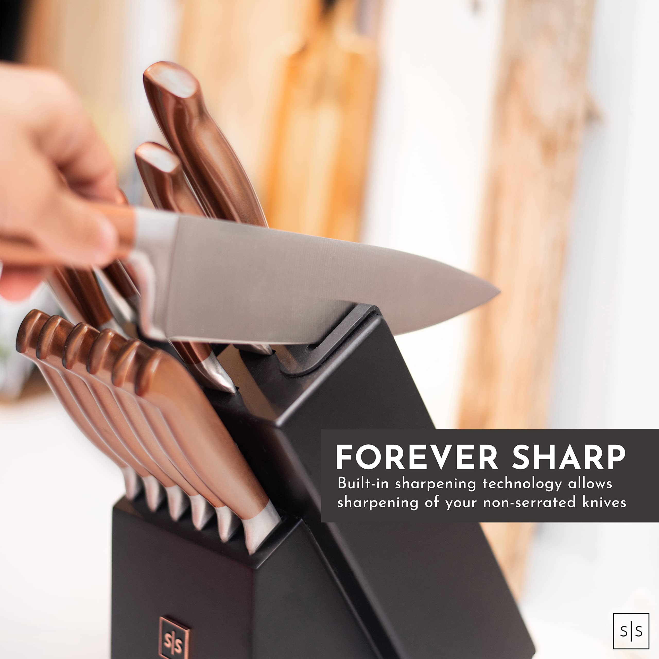 Copper Knife Set with Block - 14 PC Self Sharpening Knife Block Set - Rose  Gold Knife Set & Black Knife Block with Sharpener - Copper Kitchen