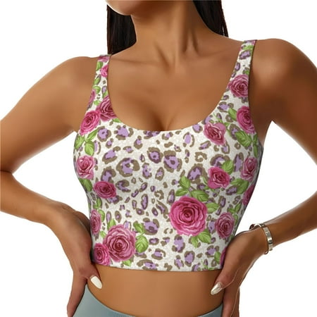 Sports Bras for Women - Rose Mix Leopard 4 Seamless Yoga Bra Workout Crop Top with Removable Pads