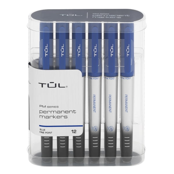 TUL® Permanent Markers, Fine Point, Silver Barrel, Blue Ink, Pack Of 12
