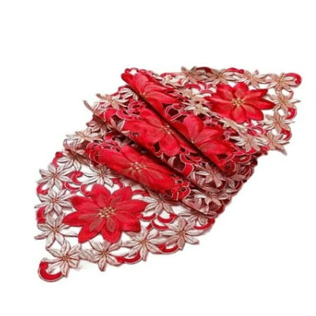 

Popular Satin Embroidery Poinsettia Flowers Table Runner Flag( Red)