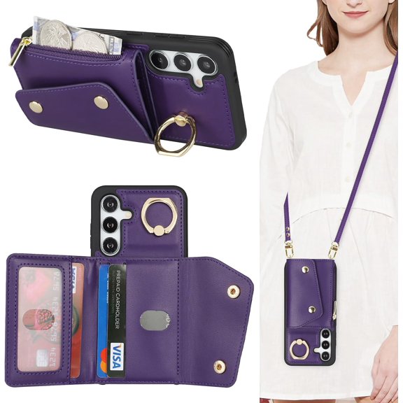 for Samsung Galaxy S24 Case with Card Holder and Strap - Zipper Pocket,Crossbody Lanyard Strap,Credit Card Holder,Stand Ring,Cute Phone Wallet Case for Women(Dark Purple,6.2 Inch)