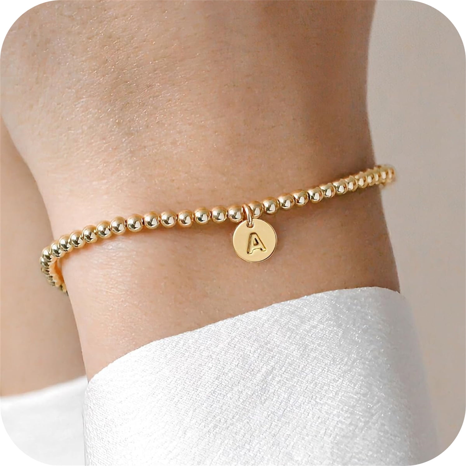Turandoss Initial Beaded Stretch Bracelet for Women 14K Gold Plated Bohemian Charm Disc Trendy Jewelry Birthday Teacher Appreciation Mothers Day Graduation Gift for Her Mom Kids Teen Girls Wife Ideas
