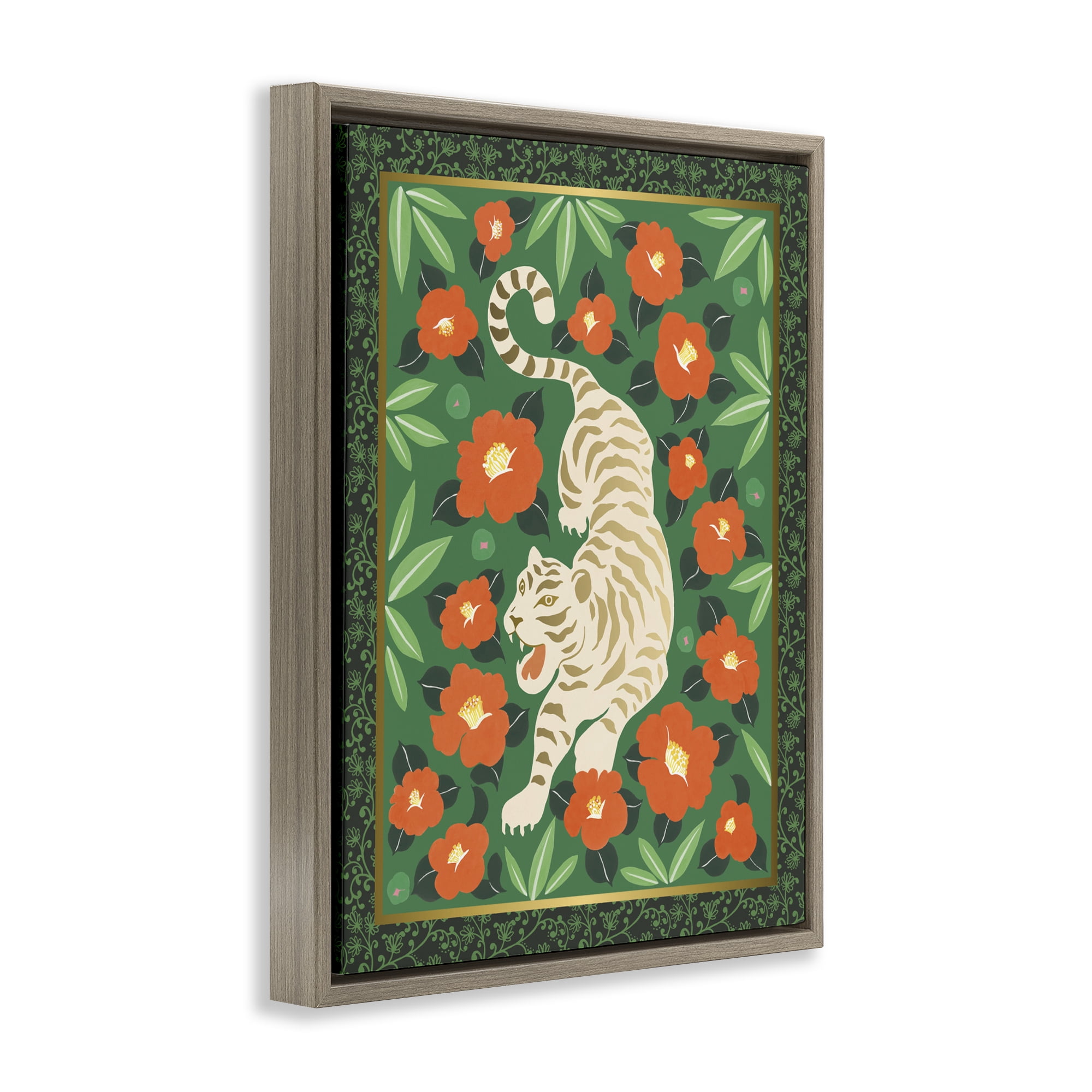 Stupell Industries Eclectic Tiger & Hibiscus Brown Framed Floater Canvas Wall Art, design by Karolina Sato
