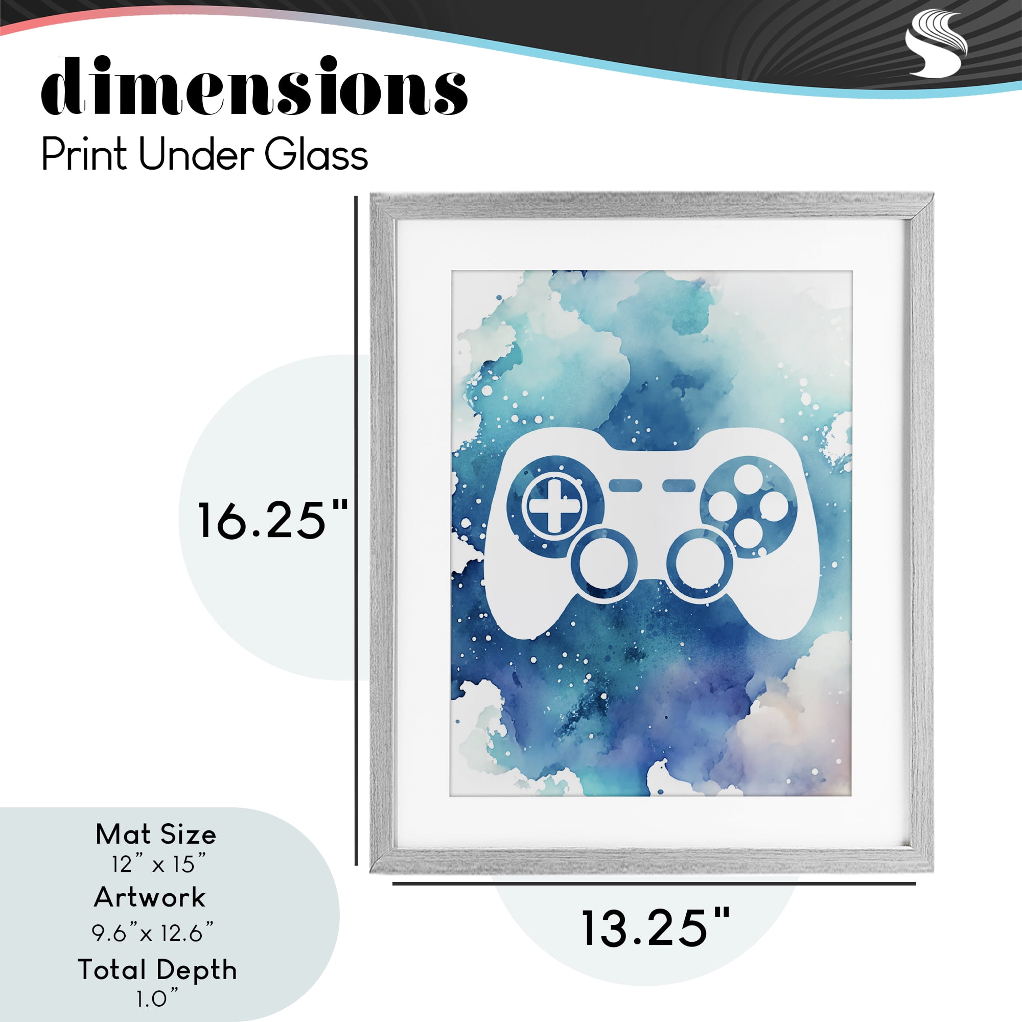 Blue Controller Splatter Gray Framed Print Under Glass, design by Marcus Prime