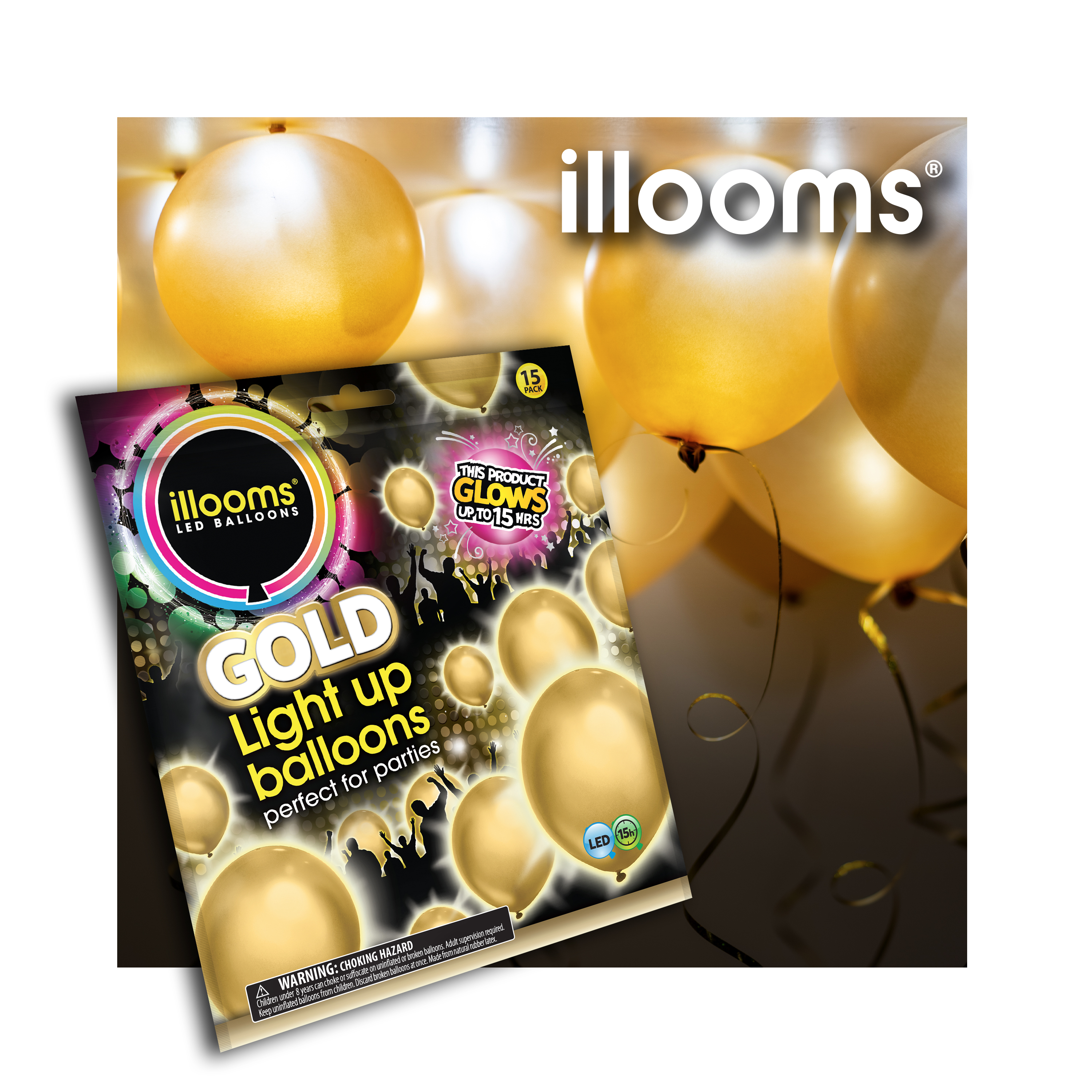 illooms LED Light-Up Latex Balloons, Metallic Gold, 15-Pack photo 3
