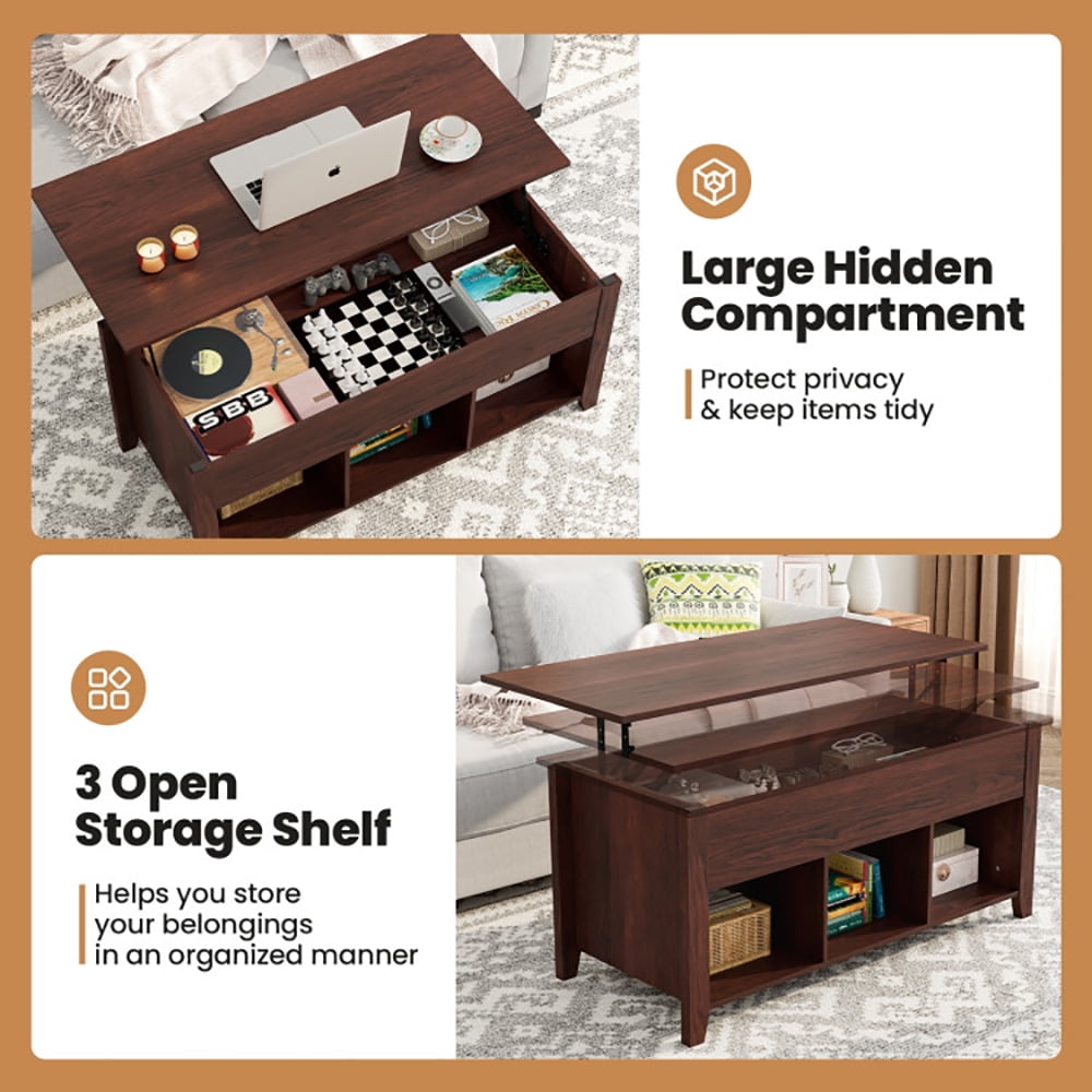 Finihen Wooden Coffee Table, Lift Top Coffee Table with Storage Lower Shelf, for Living Room, Reception Room, Office, Brown