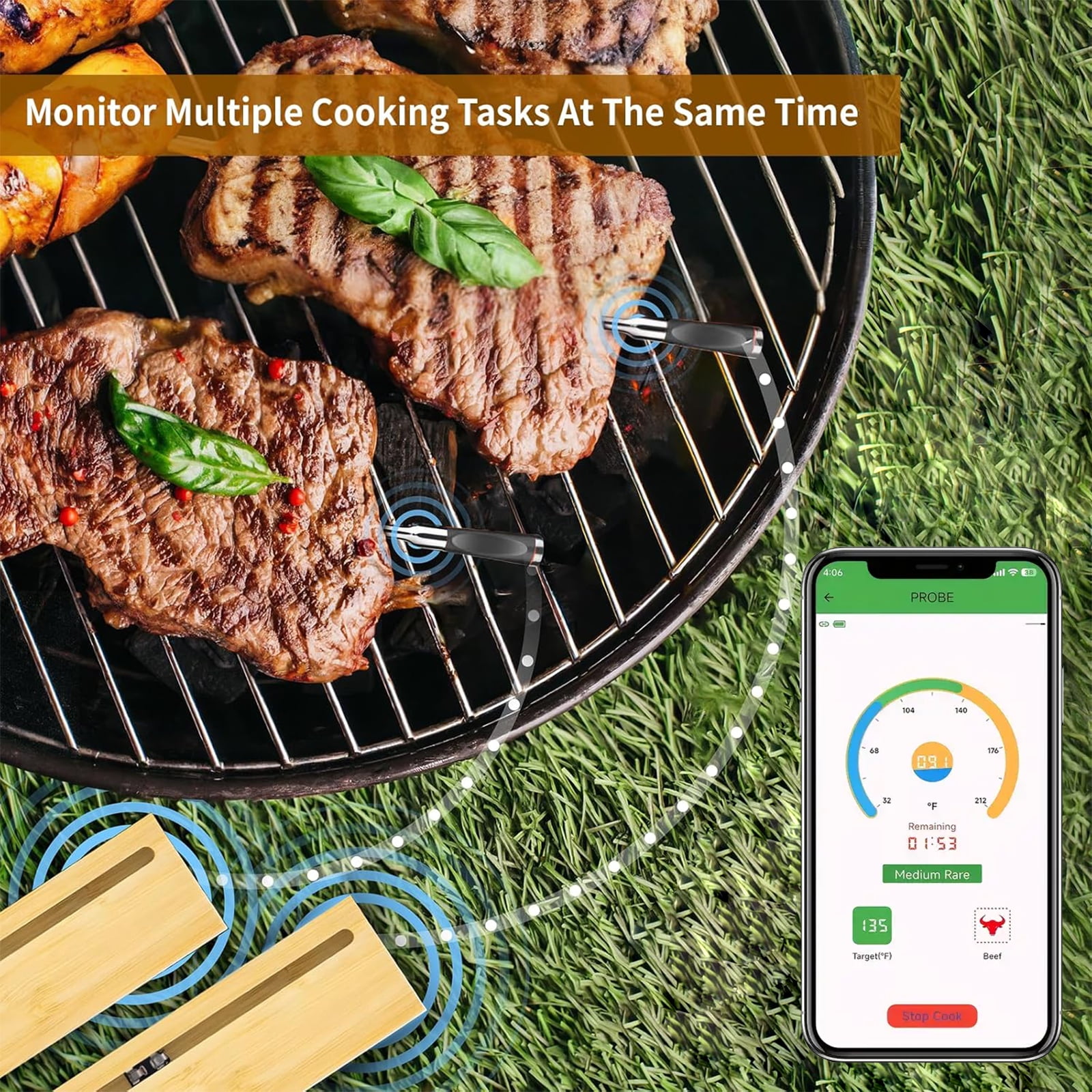 BYXAS Real-Time Alerts Wireless Meat Thermometer - Smart Bluetooth Probe for BBQ, Grill, Oven, Smoker - Long Range Bluetooth, Accuracy Temp, Dishwasher Clean, Waterproof - Perfect for BBQ Lovers