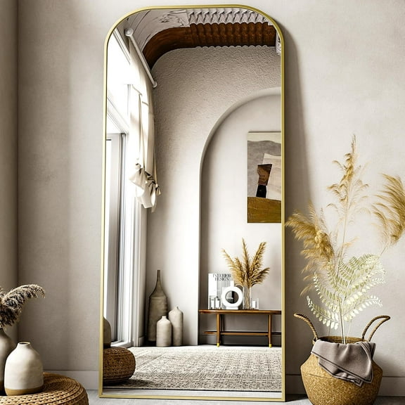 Full Length Mirror, 71"x28" Floor Mirror Freestanding, Arched Floor Standing Large Mirror Full Body Mirrors with Stand for Bedroom, Hanging Mounted Mirrors for Living Room,Gold