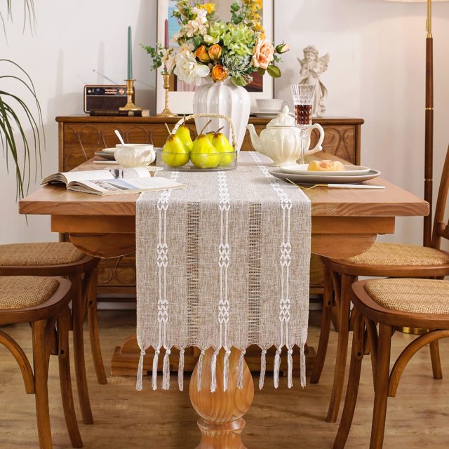 Camino de mesa rústico Husfou con borlas, 33 x 183 cm, estilo bohemio, tejido hueco, para bodas, despedidas de soltera, mesa de comedor rústica, decoración navideña para el hogar