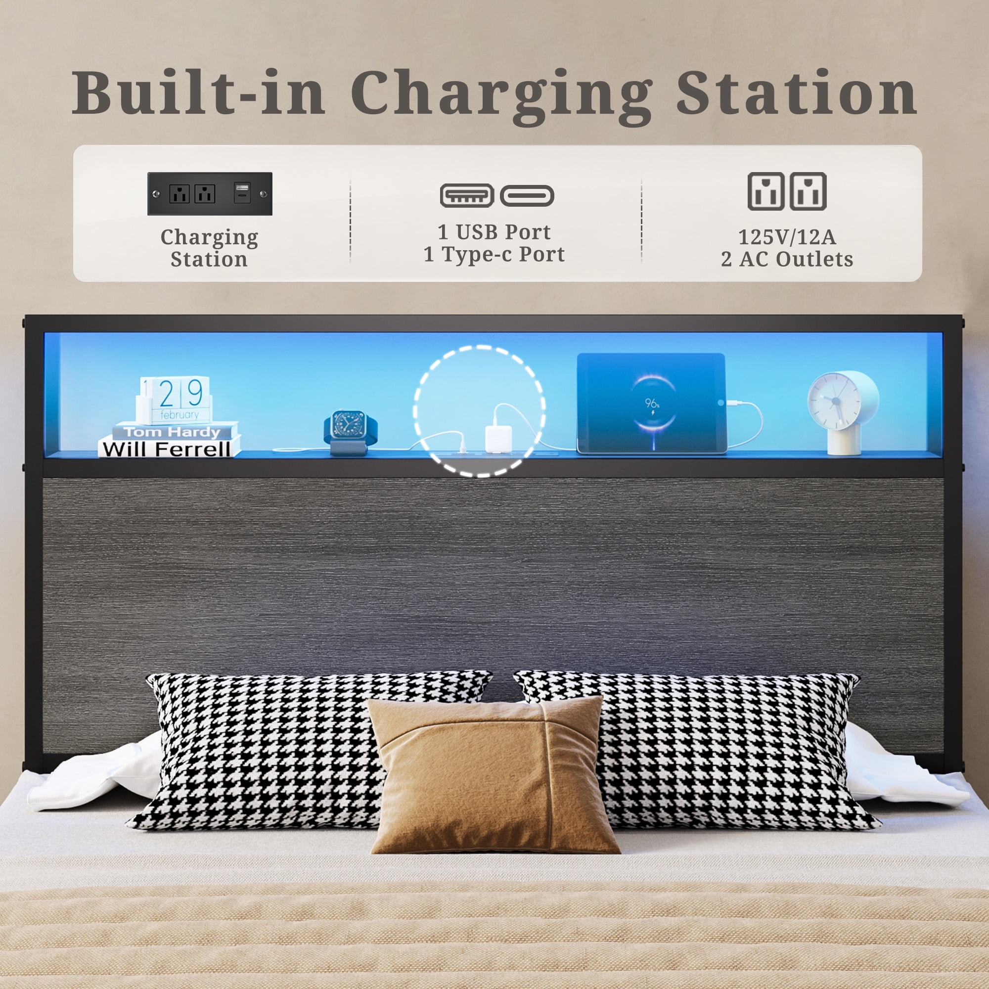 Bolvdo Twin Bed Frame with Two-Tier Storage Headboard, USB Port and LED Light, Four Storage Drawers, Grey