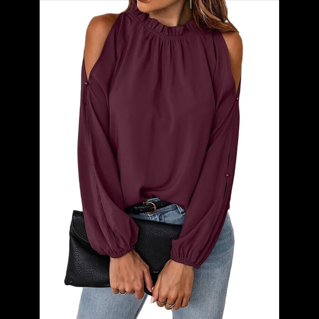 Blusas Elegantes e Informales para Mujer, con Hombros Descubiertos, Cuello con Volantes, Camisas de Moda de Otoño para el Trabajo Vino Tinto XXL