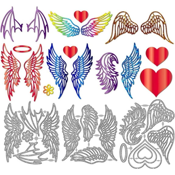Angel Wings Die Cuts for Card Making Heart Flower Embossing Metal Cutting Dies Feather Halo Decorative Cutting Template Mould for DIY Scrapbooking Photo Album Card Making Gift Decor Silver