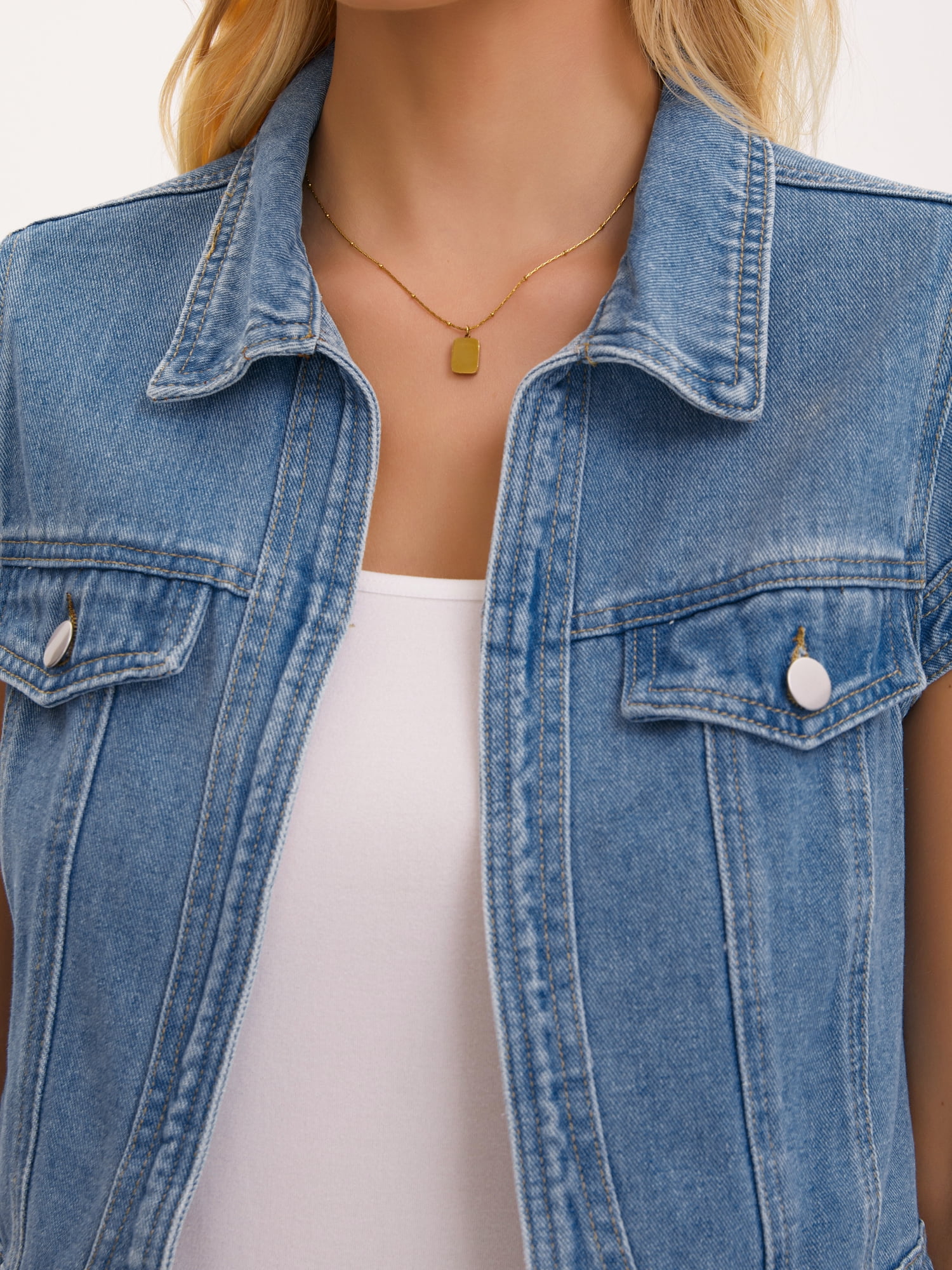 DARING DIVA Women's Cap Sleeve Shrug Collared Open Front Jean Jacket L Blue