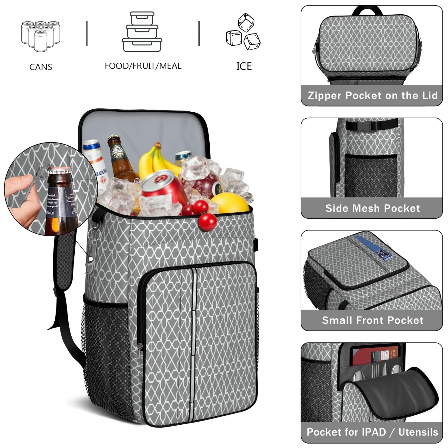 Travel Cooler Bag - Boho Bohemia Pioneer Flower Geometric Line Art Camping Beer Cooler Backpack with Bottle Opener- Waterproof Insulated Picnic Backpacks - Cooler Bag for Beach