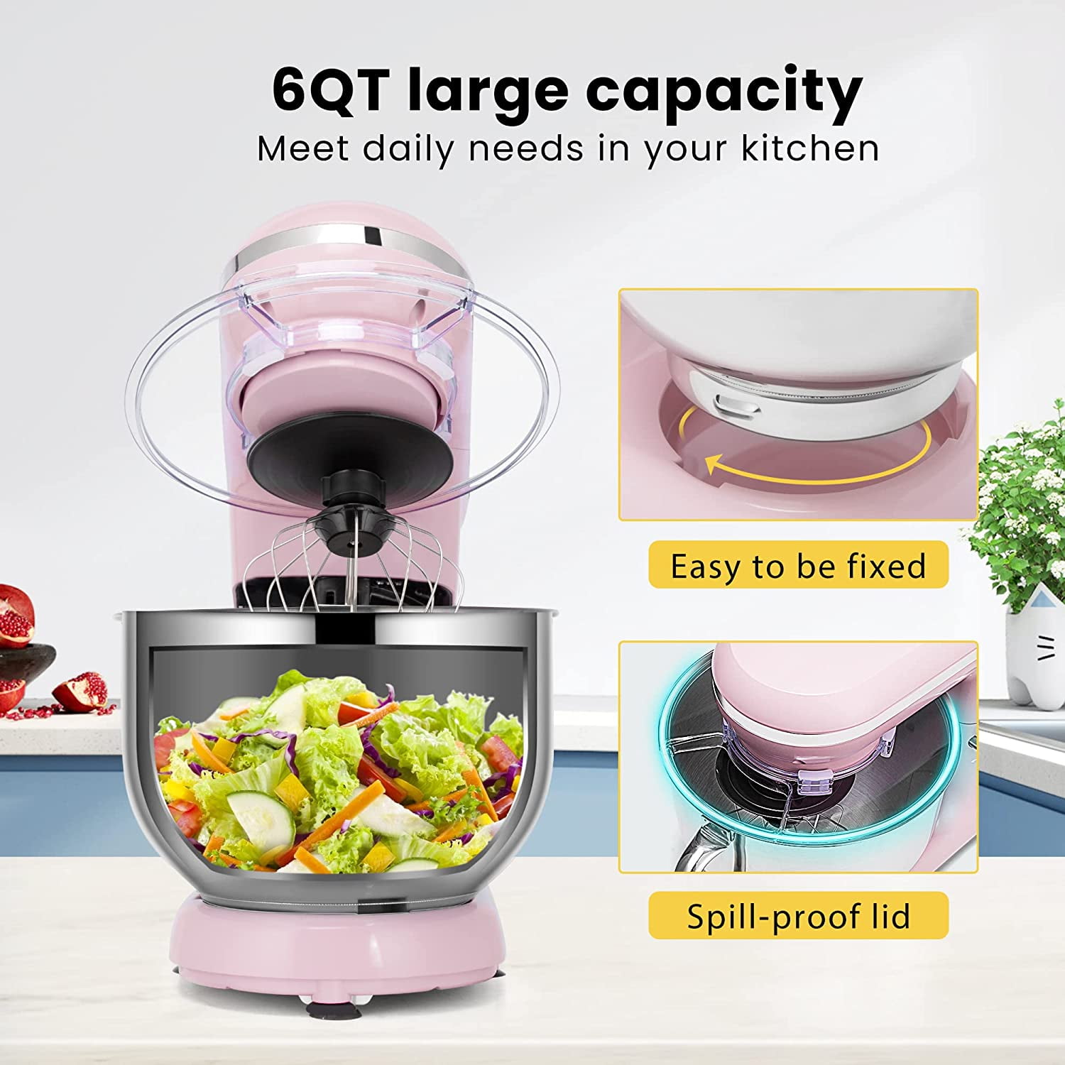 SPECSTAR Stand Mixer, 660W 10 Speed 6 Quart Tilt-Head Kitchen Electric Food Mixer with Beater, Dough Hook, Wire Whip and Egg Separator, Pink