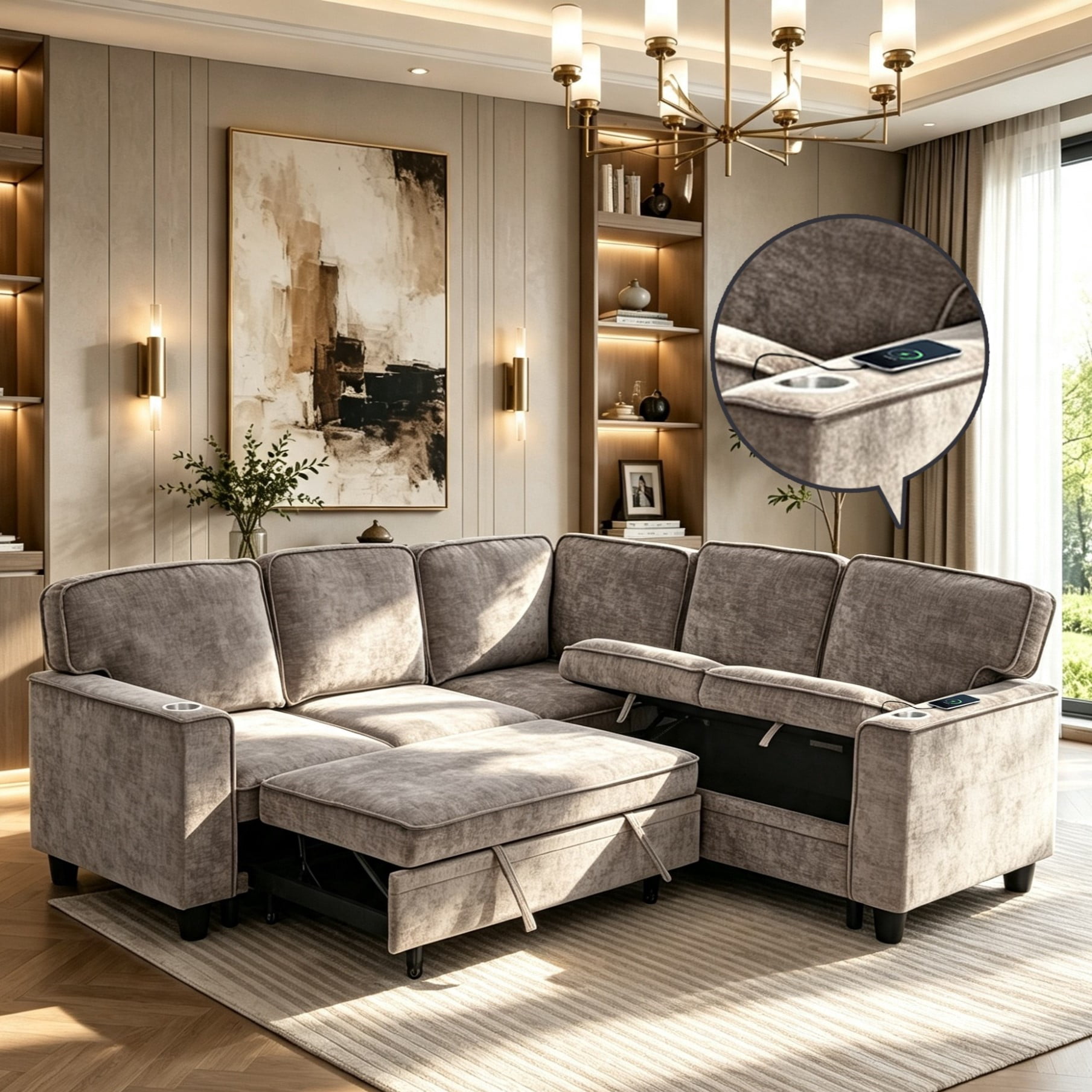 Gewnee L-Shaped Sectional Sofa,Modern Chenille Modular Sofa with Storage Function,USB‑C Charging Ports & Cup Holders,Pull Out Couch for Living Room,Light Brown