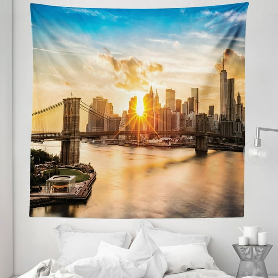 New York Tapestry, Cityscape of Brooklyn Bridge and Manhattan River Center of Culture Photo, Fabric Wall Hanging Decor for Bedroom Living Room Dorm, 5 Sizes, Multicolor, by Ambesonne