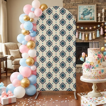 Bohemian Diamond Pattern Arch Backdrop Covers 6.6 FT Boho Tribal Farmhouse Beige Teal Ethnic Motifs Plaid Stretchy Fitted Arched Stand Covers Party Arch Stand Cover Photo Booth for Wedding Birthday