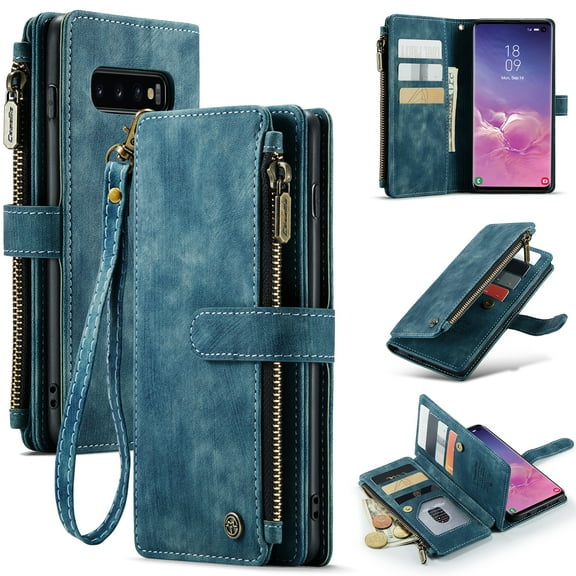 Wallet Case Compatible with Samsung Galaxy S10, Multifunctional Magnetic Closure Folio Case, [RFID Blocking] Durable PU Leather Flip Lanyard Strap Wristlet Zipper Card Holder Phone Case, Blue