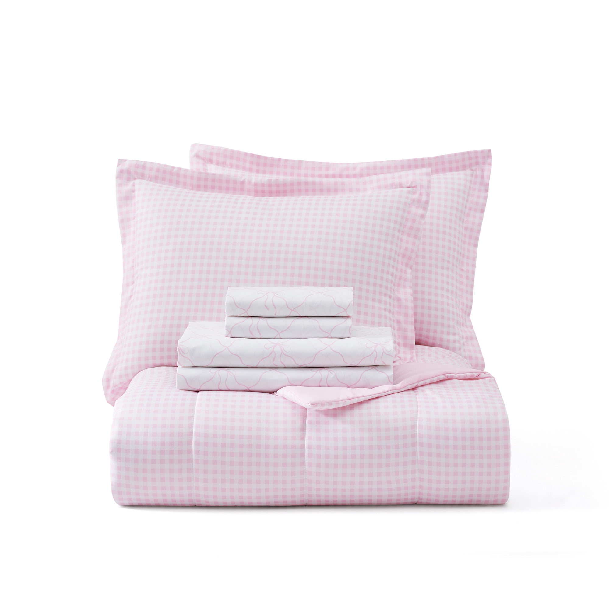 Dream Factory 7-Piece Checkered Bows Bed in a Bag, Pink, Full