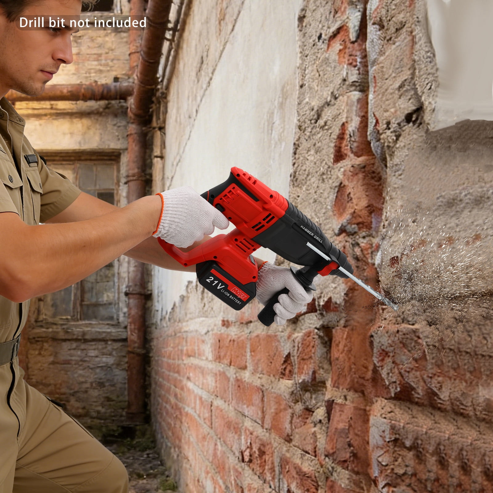 Red Cordless Rotary Hammer Drill 21V Brushless for Dewalt 20V Max Battery, 4-in-1 Rotary Hammer with Safety Clutch, 800W Equivalent for Concrete/Masonry/Wood/Metal, 5 Drills & Gloves Included