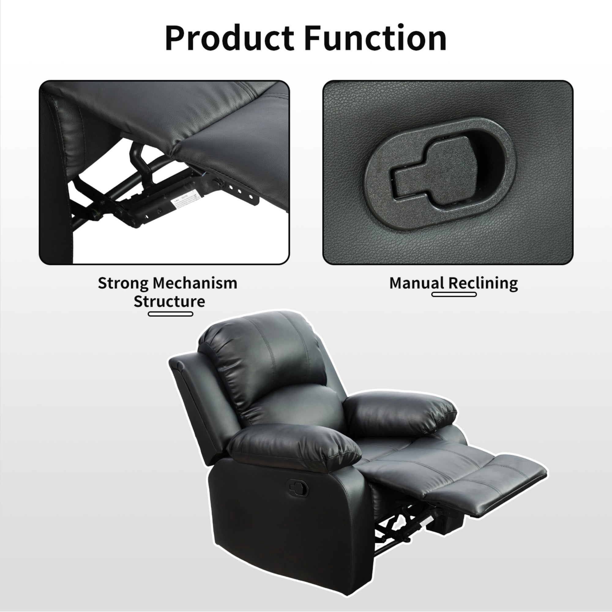BSHTI Semi PU And PVC Unit Sofa Living Room Sofa, Double Layers Springs Structure, 110-115°Adjusting Backrest, Breathing Leather, Scratch-Resistant, Black