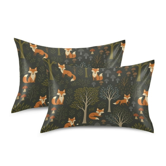 Yayeee Pillowcase Standard Size Set of 2 Satin Wrinkle Resistant Envelope Pillow Case, Green Forest Fox Pattern