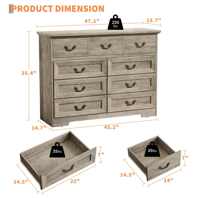 TROPOW Vintage 9 Drawer Dresser for Bedroom, 47" Wide Chest of Drawers with Natural Wood Texture, Wooden Storage Organizer for Closet, Living Room, Hallway,Black