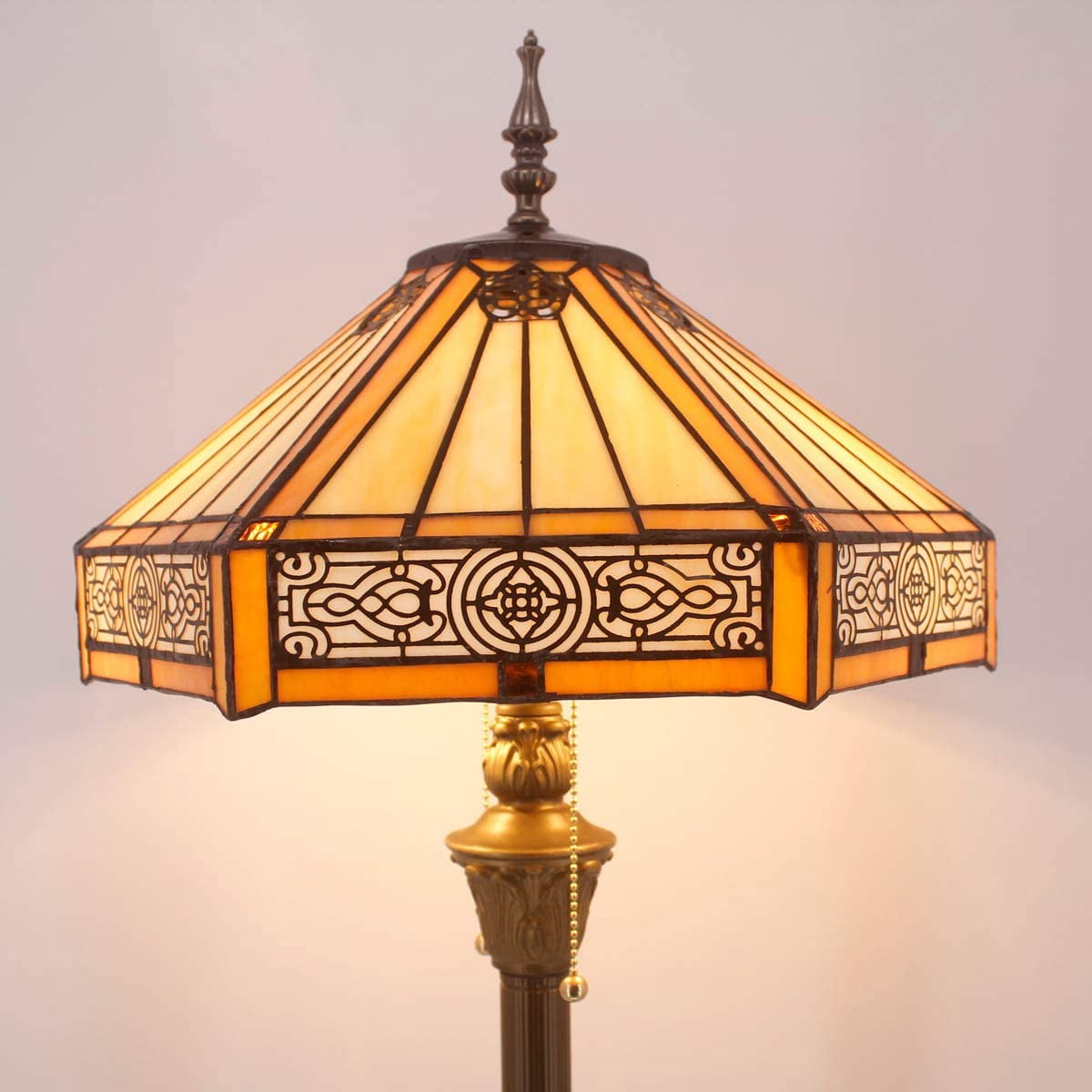 Tiffany Floor Lamp W16H64 Inch Yellow Stained Glass Hexagon Mission Style Shade Antique Standing Read Lighting Resin Base 2E26 S011 LAMPS Lover Gift Bedroom Living Room Bedside Coffee Table