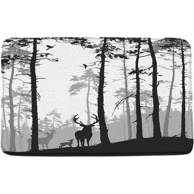 Sunhe Deer Forest Bath Mat Silhouette of Pine Forest Family Deer and Birds Abstract Rustic Cabin Farmhouse Hunting Bathroom Decor Rug Absorbent Doormat Kitchen Toilet Floor Rug-18x30 Inch