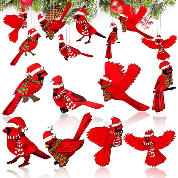 24 Pcs Red Cardinal Christmas Ornaments Red Cardinal Wood Decor Xmas Memorial Bird Hanging Ornament for Xmas Tree Decorations