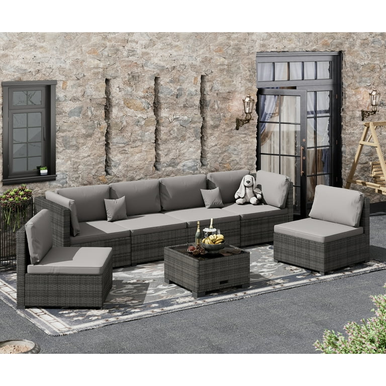 Bifanuo 7 Piece Patio Furniture Set Outdoor Furniture Patio Sectional Sofa All Weather PE Rattan Outdoor Sectional with Cushion and Coffee Table