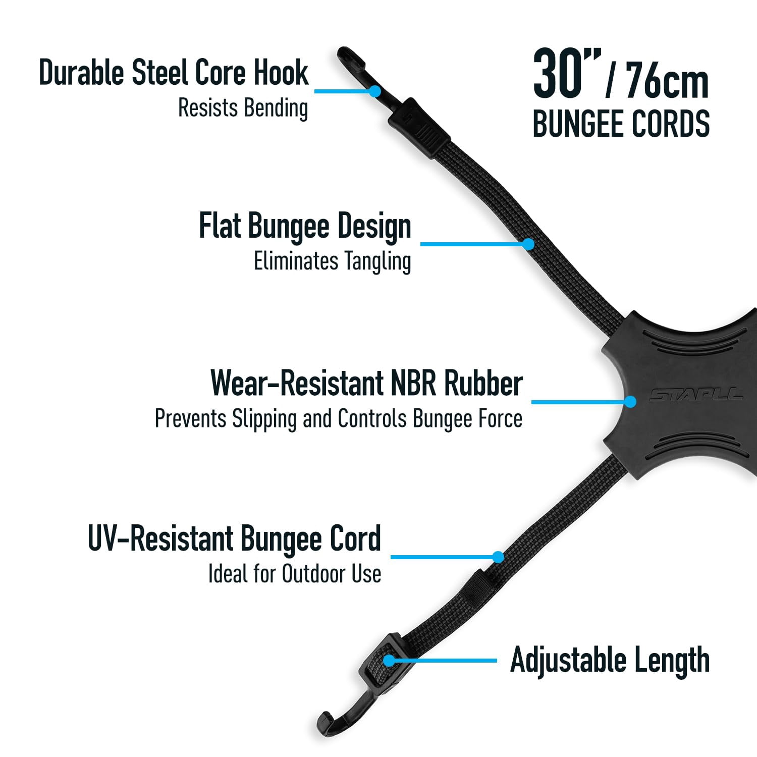 Tack Strap – 4-Way Flat Bungee Cord with Rubber Pad Grip, Non-Slip Adjustable Tie Down Straps for Outdoor Gear, 2-Pack (Blue Eclipse)