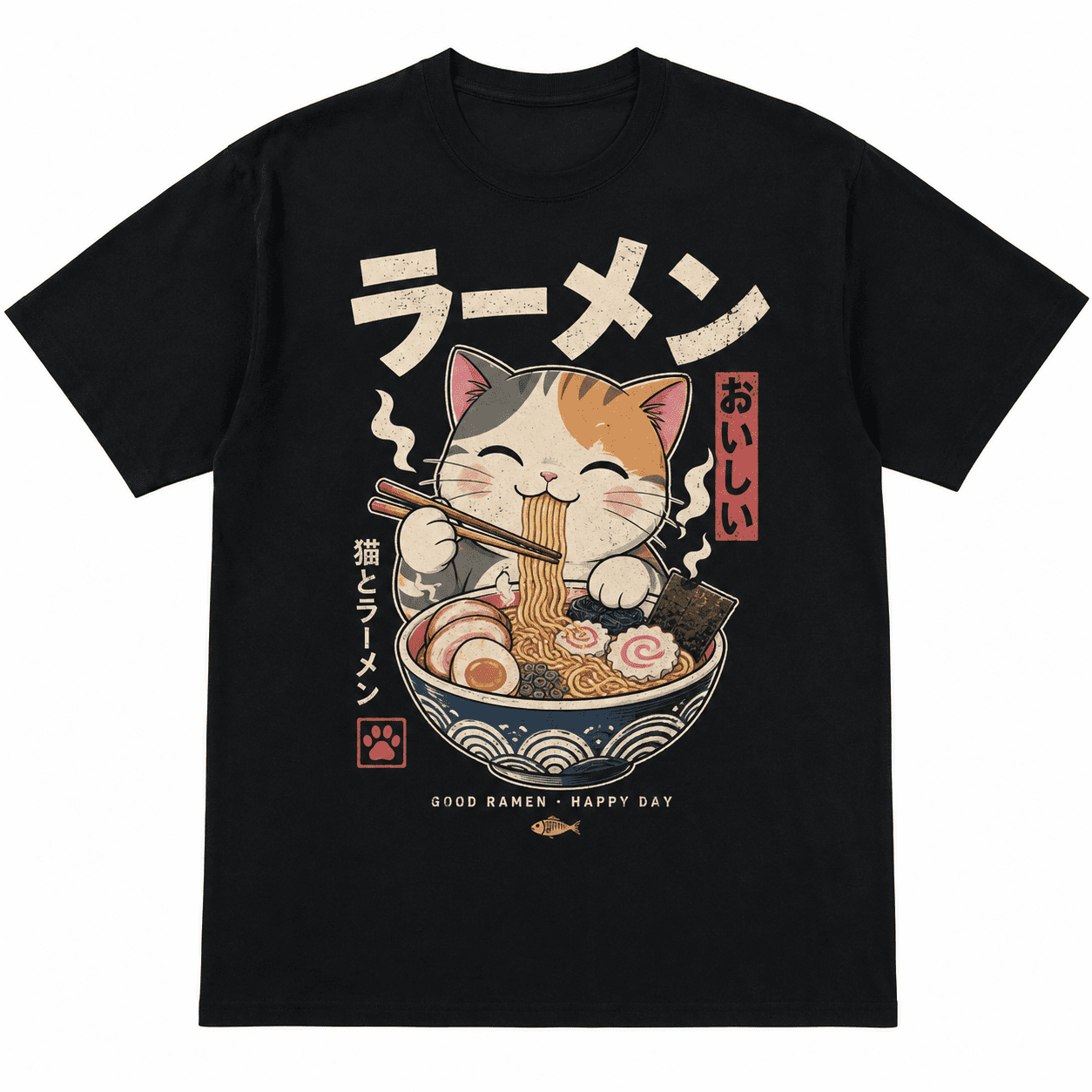 Restock Plus Size Anime Cat Ramen T-Shirt - Japanese Kawaii Cat Graphic Tee for Men - Round Neck Short Sleeve Casual Streetwear Top - Spring Fashion - Shortsleeve