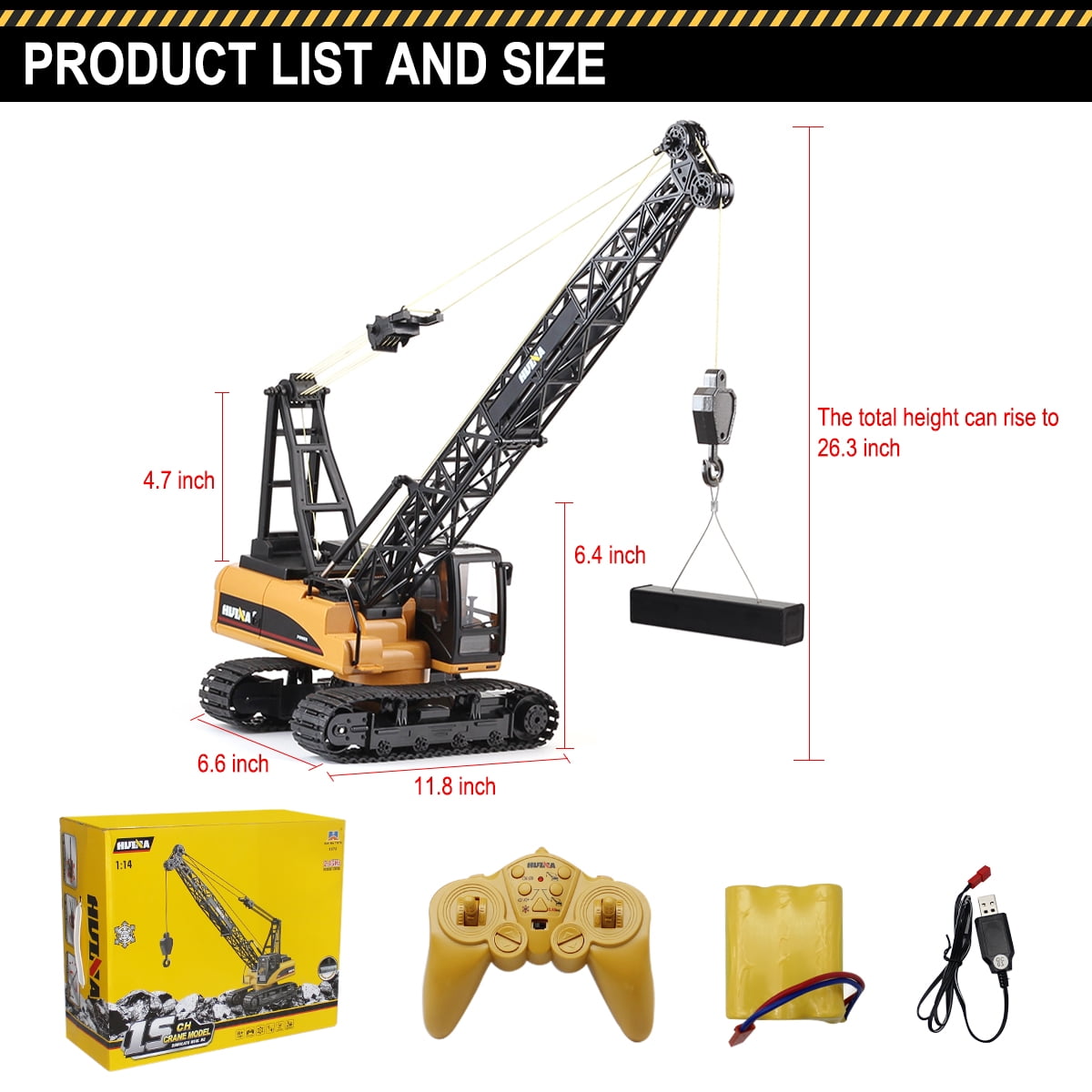 Fisca 1/14 Metal Hook Remote Control Crane Crawler Toys for Kids, 15 Channel RC Construction Vehicles Trucks Toys