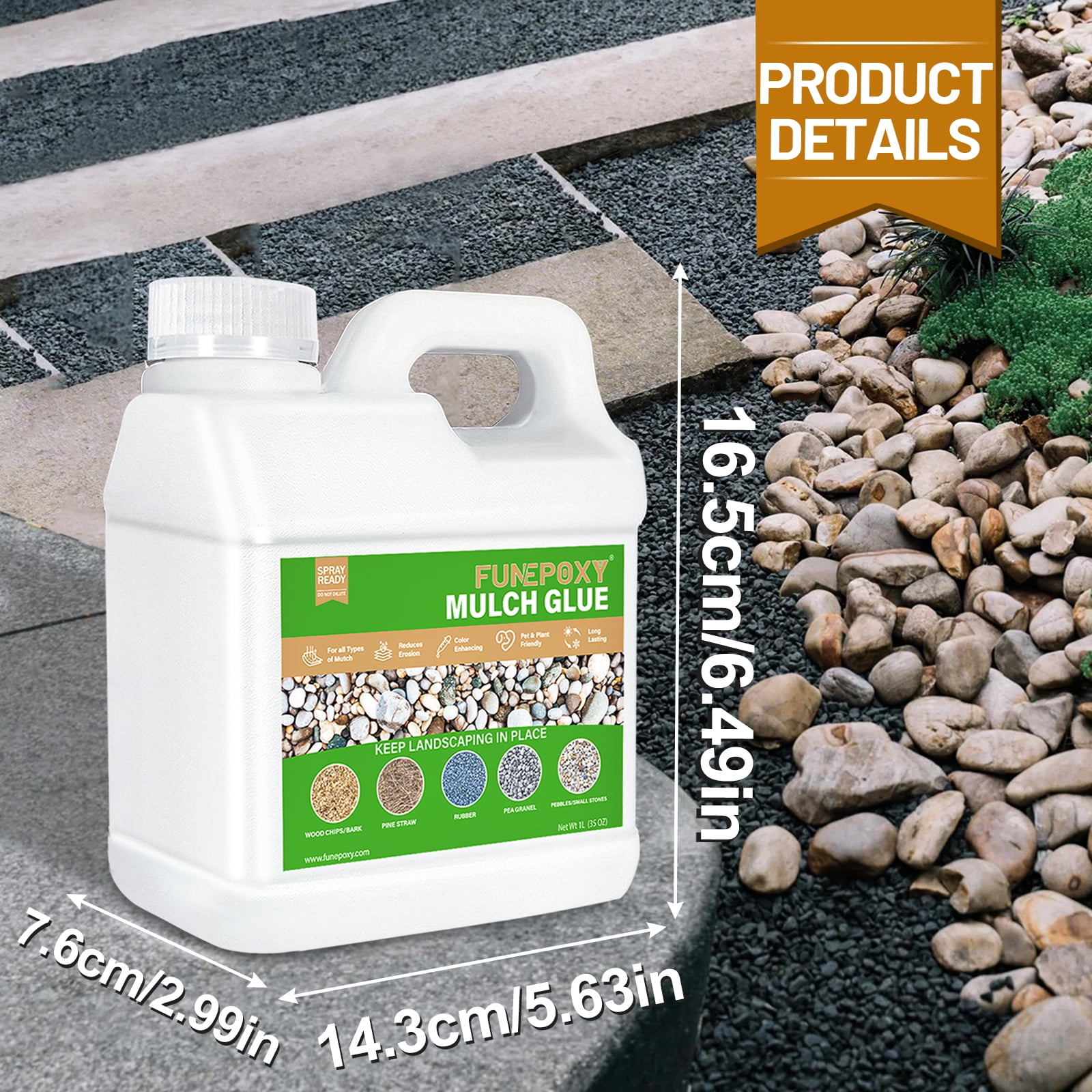 FUNEPOXY Mulch Glue 36OZ, covering adhesive for bonding stones, views, gardens, gravel, stones, leaves, bark, garden paths