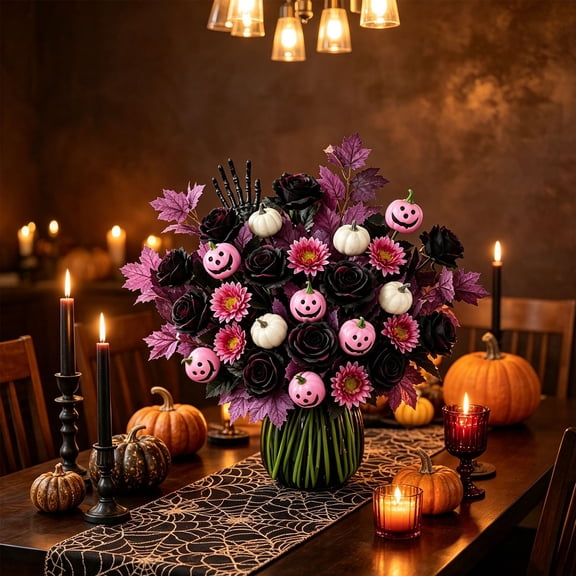 Halloween Dark Gothic Pumpkin Bouquet Decoration, Artificial Fall Pumpkin Flower Arrangement with Smiling Pumpkin Face Maple Leaves, Thanksgiving Floral Centerpiece for Home Table Decor