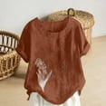 thumbnail image 4 of Stamzod Short Sleeve Tops for Women Trendy Flower Printed Imitation Cotton Linen Shirts Casual Summer Blouses for Women Oversized Vacation Outfits Coffee-2 L, 4 of 5