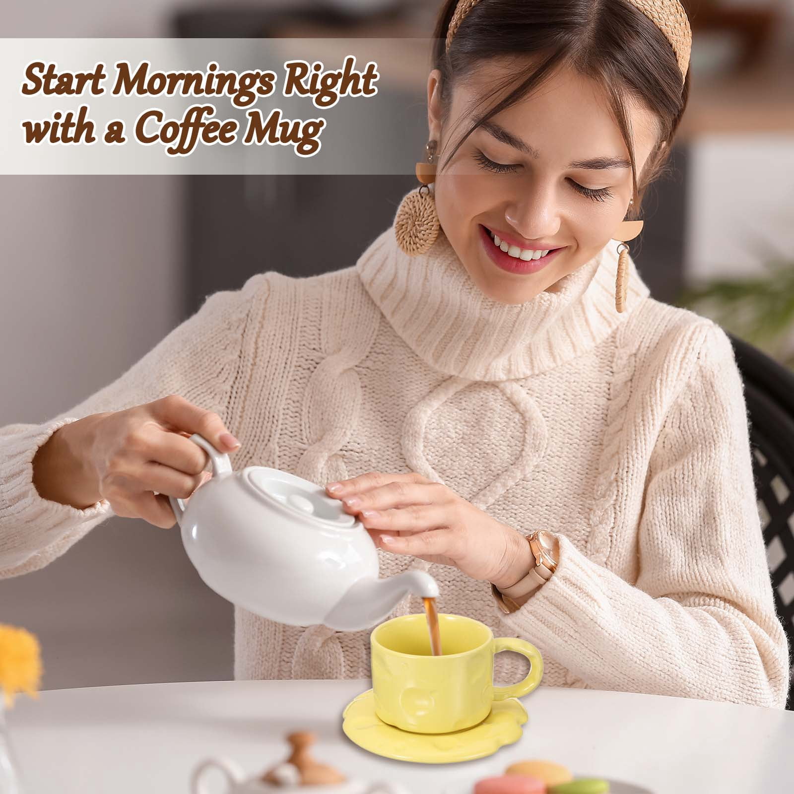 Uxcell 10oz Ceramic Coffee Mugs with Saucer Set, Creative Cute Cup with Handle Unique Irregular Design for Lovers Gift Tea Espresso Latte Kitchen Cafe, Dishwasher White
