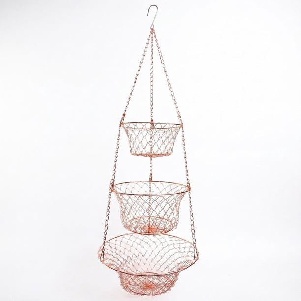 Cesta organizadora de frutas de alambre de tres niveles, práctica y resistente, de metal. Cobre